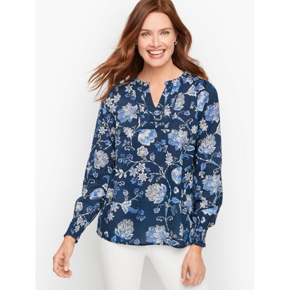 Talbots Blouse Blue Smocked Shoulder Jacobean Floral Tunic Sz M Cotton‎ Resort